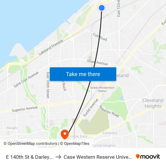 E 140th St & Darley Av to Case Western Reserve University map