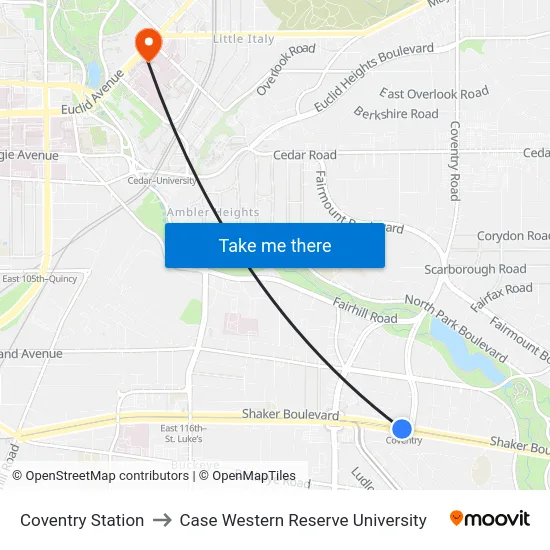 Coventry Station to Case Western Reserve University map