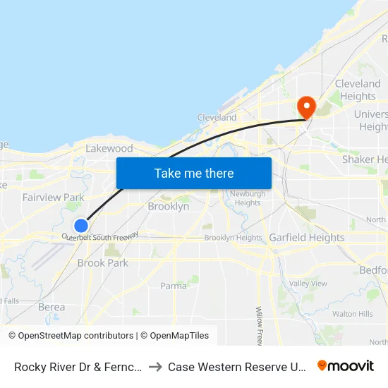 Rocky River Dr & Ferncliffe Av to Case Western Reserve University map