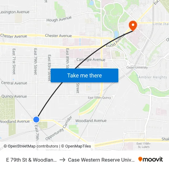 E 79th St & Woodland Av to Case Western Reserve University map