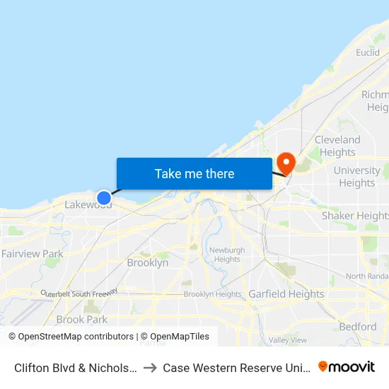 Clifton Blvd & Nicholson Av to Case Western Reserve University map