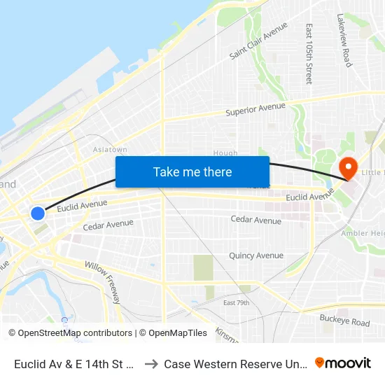 Euclid Av & E 14th St Station to Case Western Reserve University map