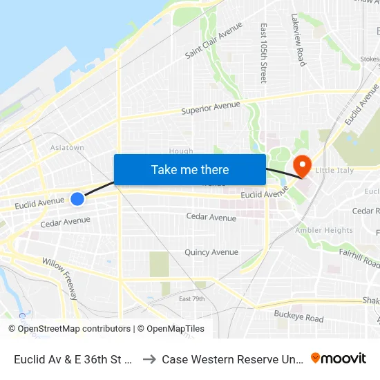 Euclid Av & E 36th St Station to Case Western Reserve University map