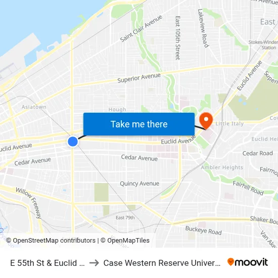 E 55th St & Euclid Av to Case Western Reserve University map