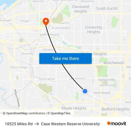 18525 Miles Rd to Case Western Reserve University map