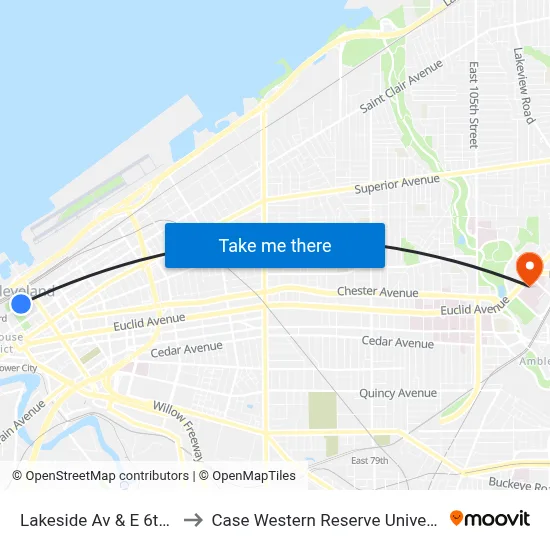 Lakeside Av & E 6th St to Case Western Reserve University map