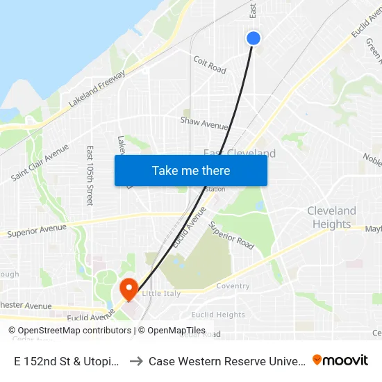 E 152nd St & Utopia Av to Case Western Reserve University map
