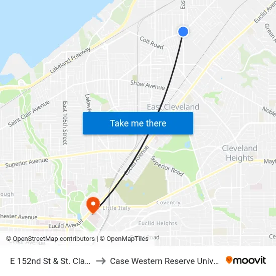 E 152nd St & St. Clair Av to Case Western Reserve University map