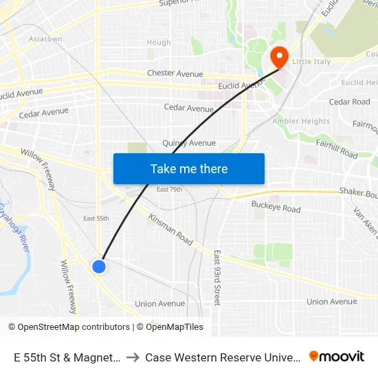 E 55th St & Magnet Av to Case Western Reserve University map