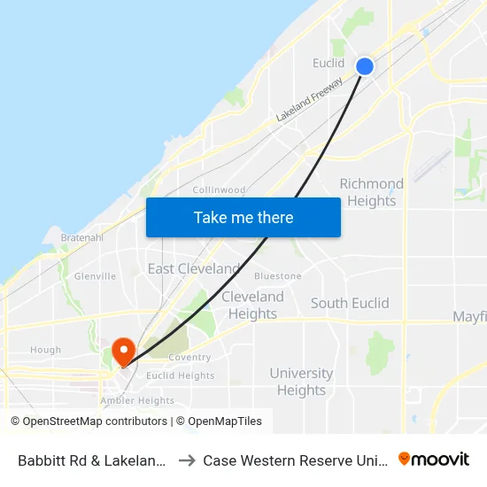 Babbitt Rd & Lakeland Blvd to Case Western Reserve University map