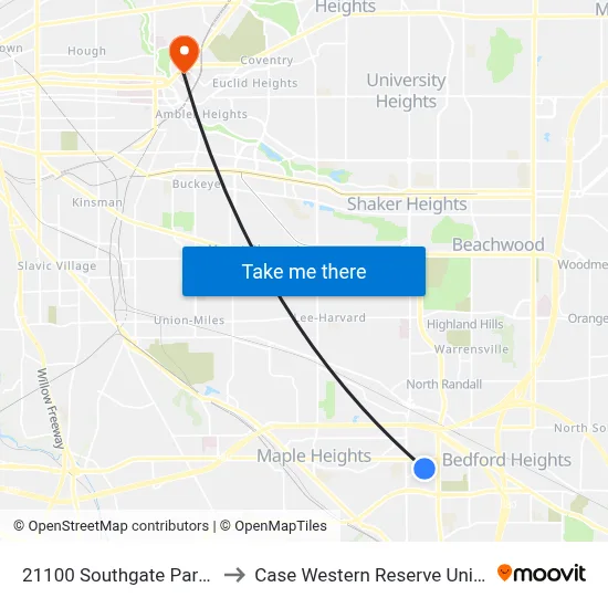21100 Southgate Park Blvd to Case Western Reserve University map