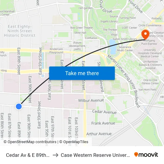 Cedar Av & E 89th St to Case Western Reserve University map
