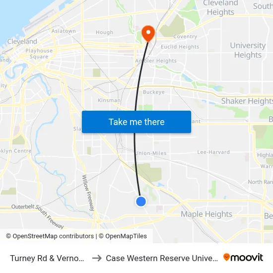 Turney Rd & Vernon Av to Case Western Reserve University map