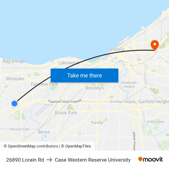 26890 Lorain Rd to Case Western Reserve University map