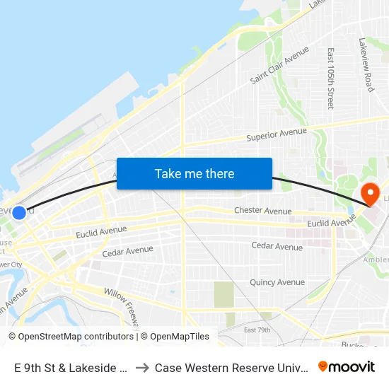 E 9th St & Lakeside Av E to Case Western Reserve University map