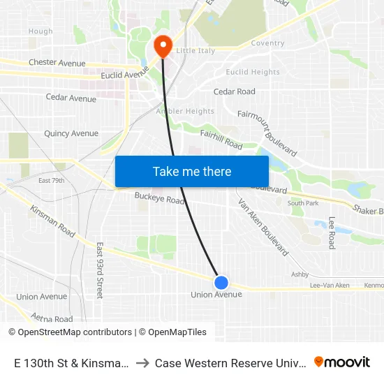 E 130th St & Kinsman Rd to Case Western Reserve University map