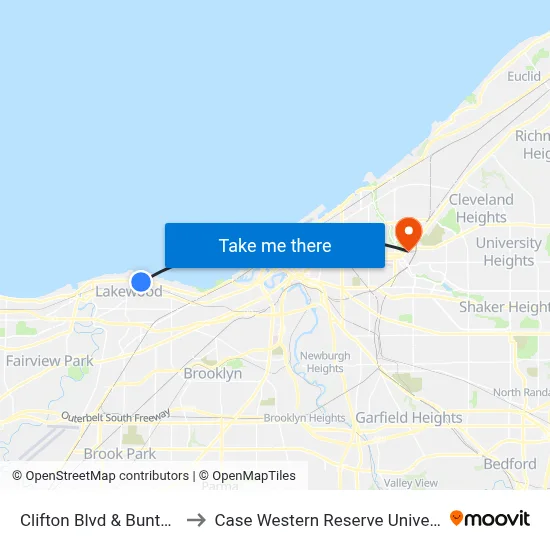Clifton Blvd & Bunts Rd to Case Western Reserve University map