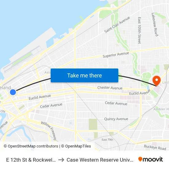 E 12th St & Rockwell Av to Case Western Reserve University map