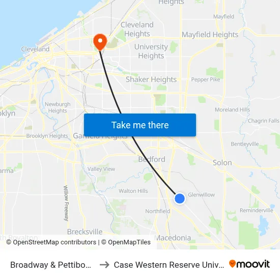 Broadway & Pettibone Rd to Case Western Reserve University map