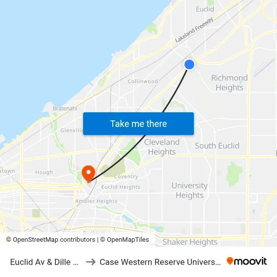 Euclid Av & Dille Rd to Case Western Reserve University map
