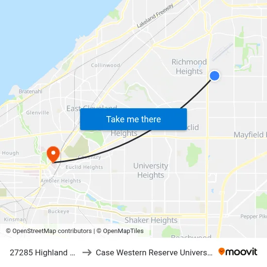 27285 Highland Rd to Case Western Reserve University map