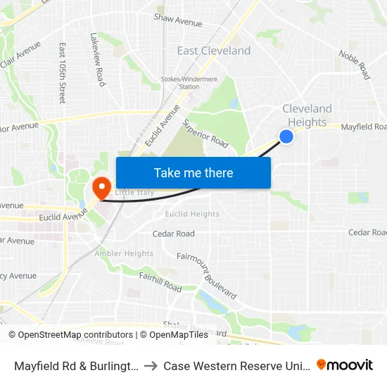Mayfield Rd & Burlington Rd to Case Western Reserve University map