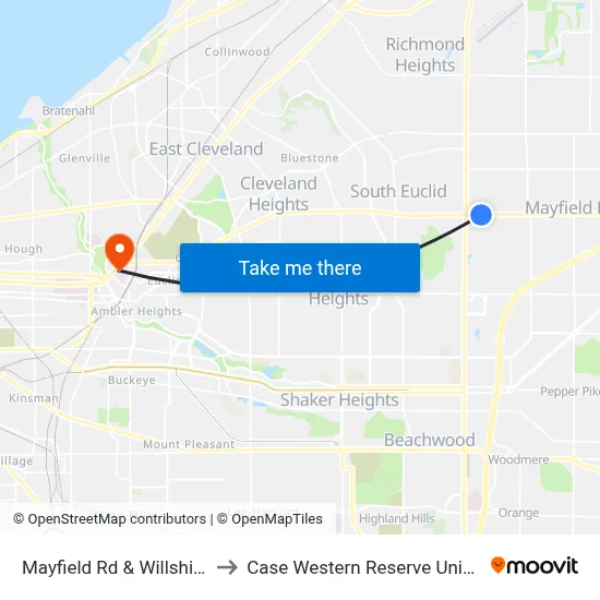 Mayfield Rd & Willshire Rd to Case Western Reserve University map
