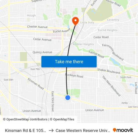 Kinsman Rd & E 105th St to Case Western Reserve University map
