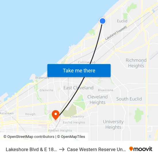 Lakeshore Blvd & E 185th St to Case Western Reserve University map