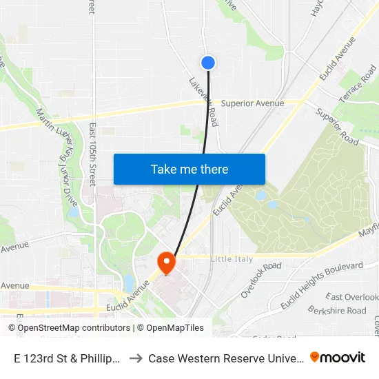 E 123rd St & Phillips Av to Case Western Reserve University map