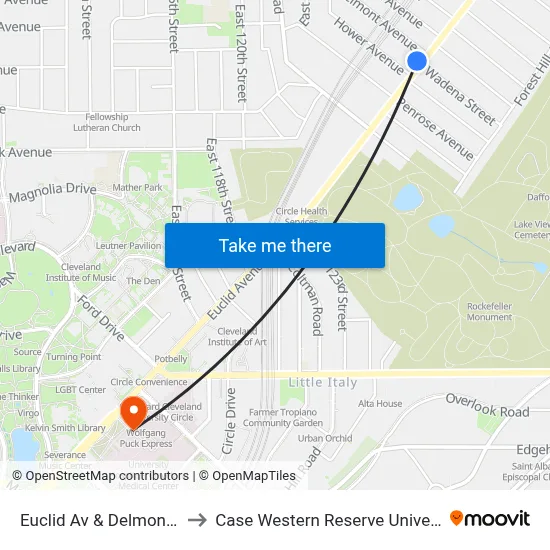 Euclid Av & Delmont Av to Case Western Reserve University map