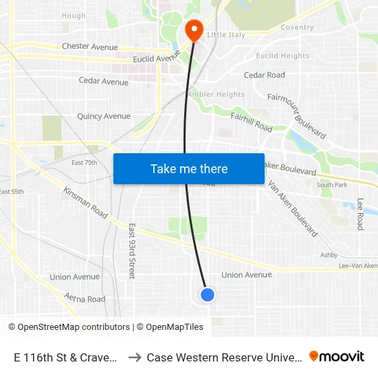 E 116th St & Craven Av to Case Western Reserve University map