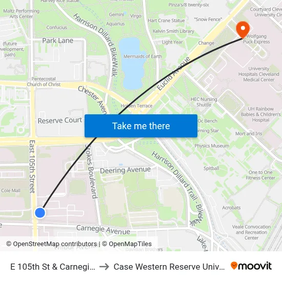 E 105th St & Carnegie Av to Case Western Reserve University map
