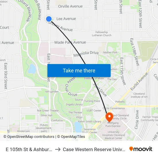 E 105th St & Ashbury Av to Case Western Reserve University map
