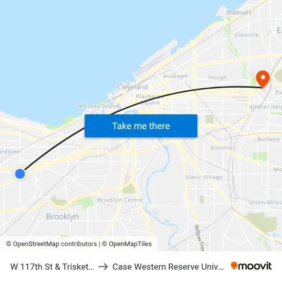 W 117th St & Triskett Rd to Case Western Reserve University map