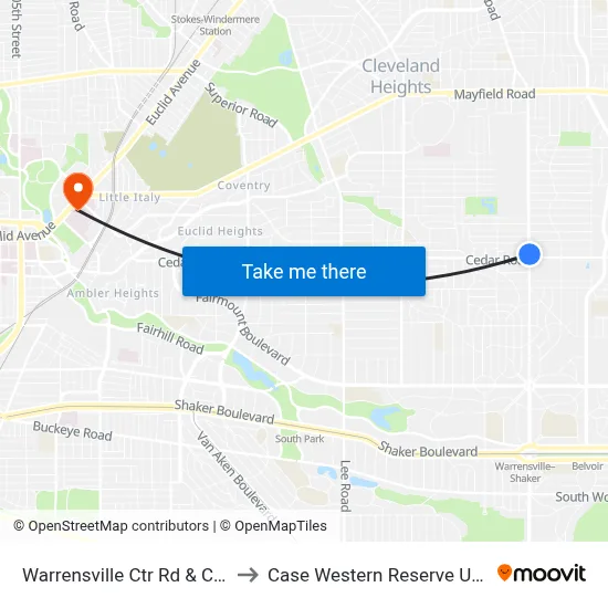 Warrensville Ctr Rd & Cedar Rd to Case Western Reserve University map