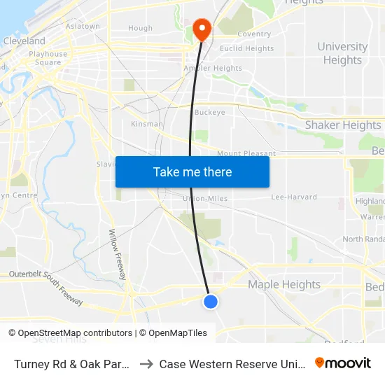 Turney Rd & Oak Park Blvd to Case Western Reserve University map
