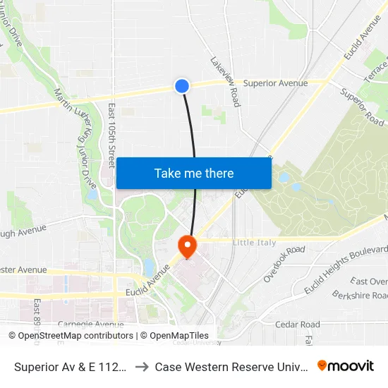 Superior Av & E 112th St to Case Western Reserve University map