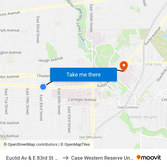 Euclid Av & E 83rd St Station to Case Western Reserve University map
