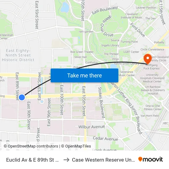 Euclid Av & E 89th St Station to Case Western Reserve University map