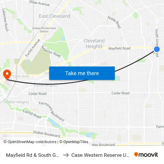 Mayfield Rd & South Green Rd to Case Western Reserve University map
