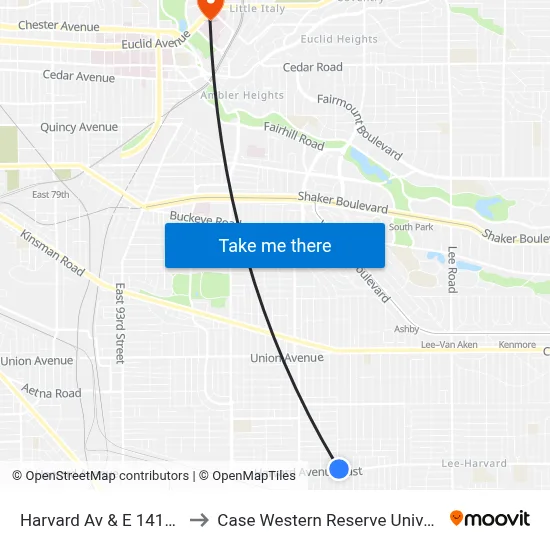 Harvard Av & E 141st St to Case Western Reserve University map