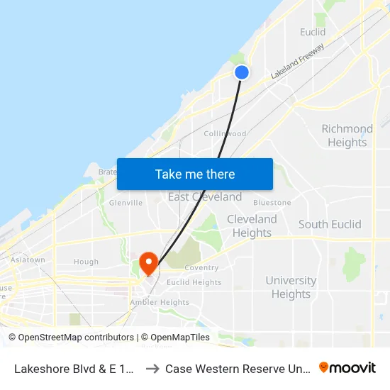 Lakeshore Blvd & E 171st St to Case Western Reserve University map