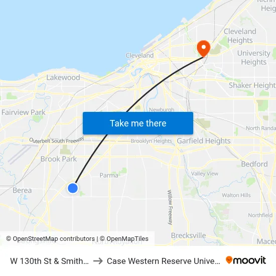 W 130th St & Smith Rd to Case Western Reserve University map