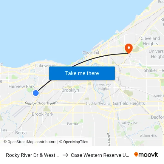 Rocky River Dr & Westdale Av to Case Western Reserve University map
