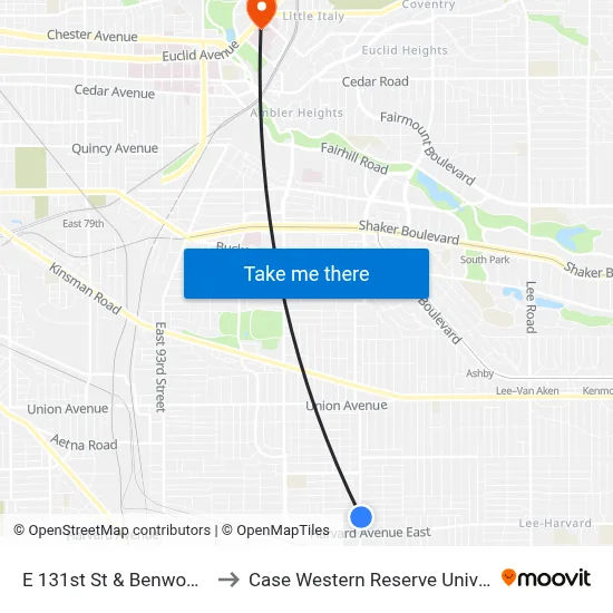 E 131st St & Benwood Av to Case Western Reserve University map