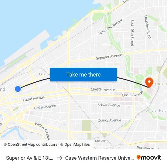 Superior Av & E 18th St to Case Western Reserve University map