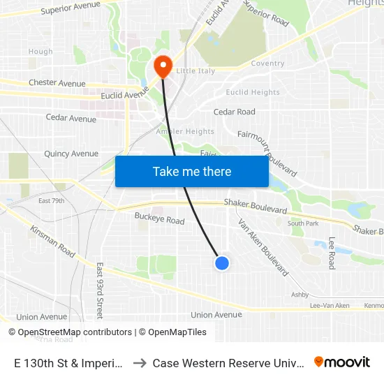 E 130th St & Imperial Av to Case Western Reserve University map