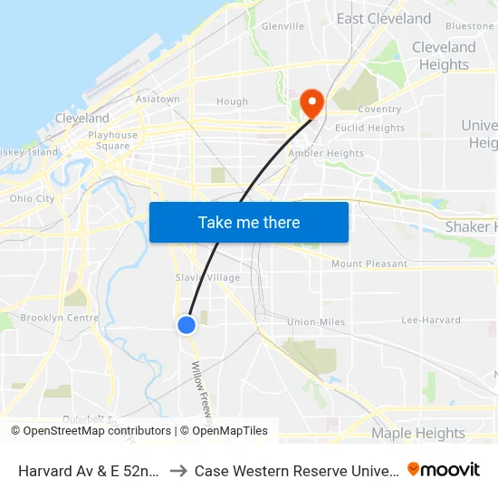 Harvard Av & E 52nd St to Case Western Reserve University map