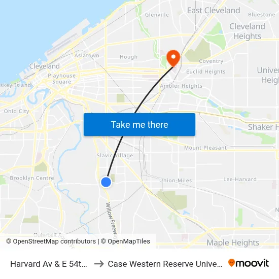 Harvard Av & E 54th St to Case Western Reserve University map